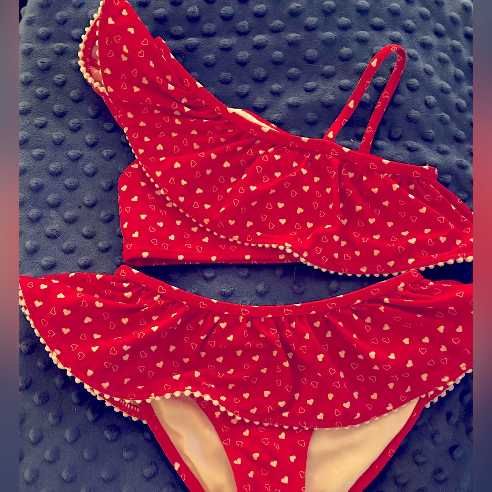 Red and white heart ruffled bikini.